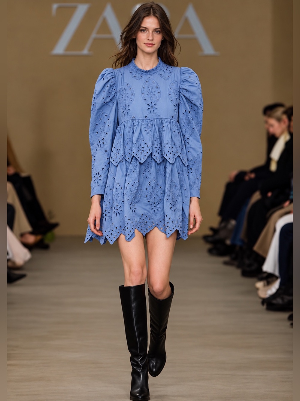 Zara Blue Eyelet Puff Long Sleeves Tiered Mini Cotton Dress Ruffle Feminine Sz S
